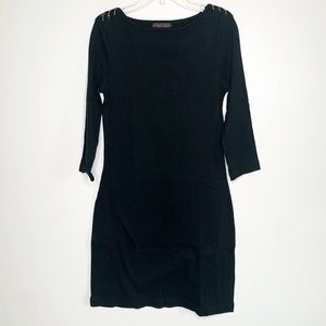 RALPH LAUREN Dress - BLACK KNIT 3/4 SLEEVE BODYCON DRESS LEATHER STITCH DETAIL